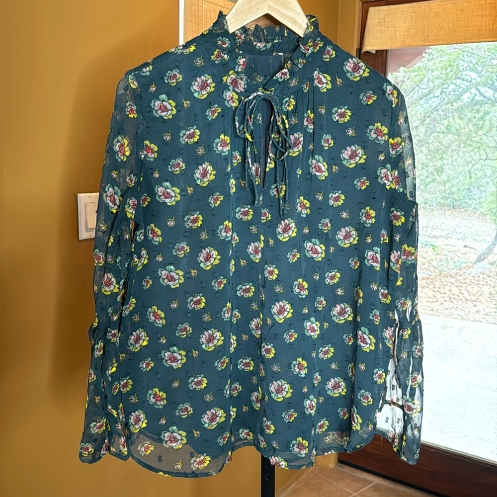 LOFT Green Floral Swiss Dot Tie Neck Blouse Bell Sleeve Sheer Top Size XL - Picture 4 of 11